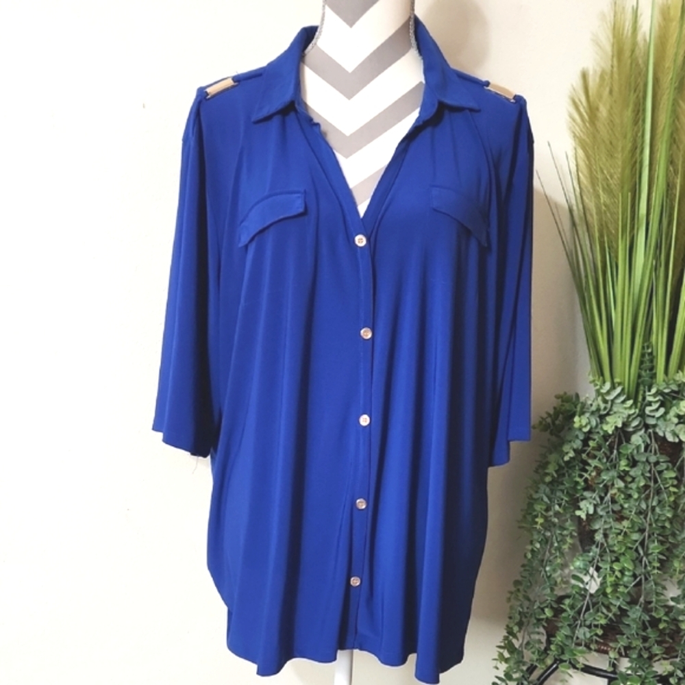 89th & Madison Royal Blue Button Down Shirt with Notched Collar and Boxy Fit
